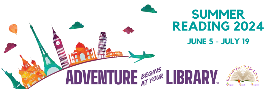 "Summer Reading 2024 June 5 - July 19. Adventure begins at your library" with an airplane and colorful landmark buildings.