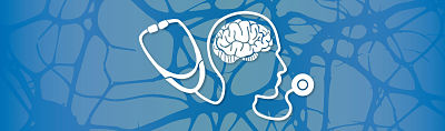 silouette of a head and brain with a stethoscope on a blue background