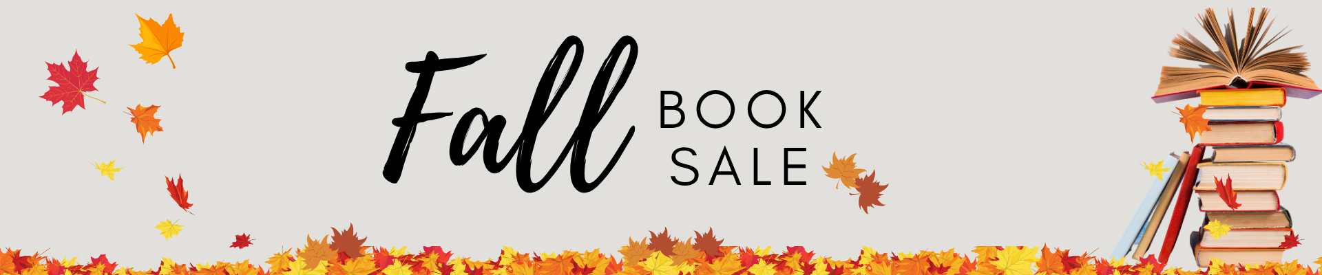 Fall book sale, stack of books, falling leaves.