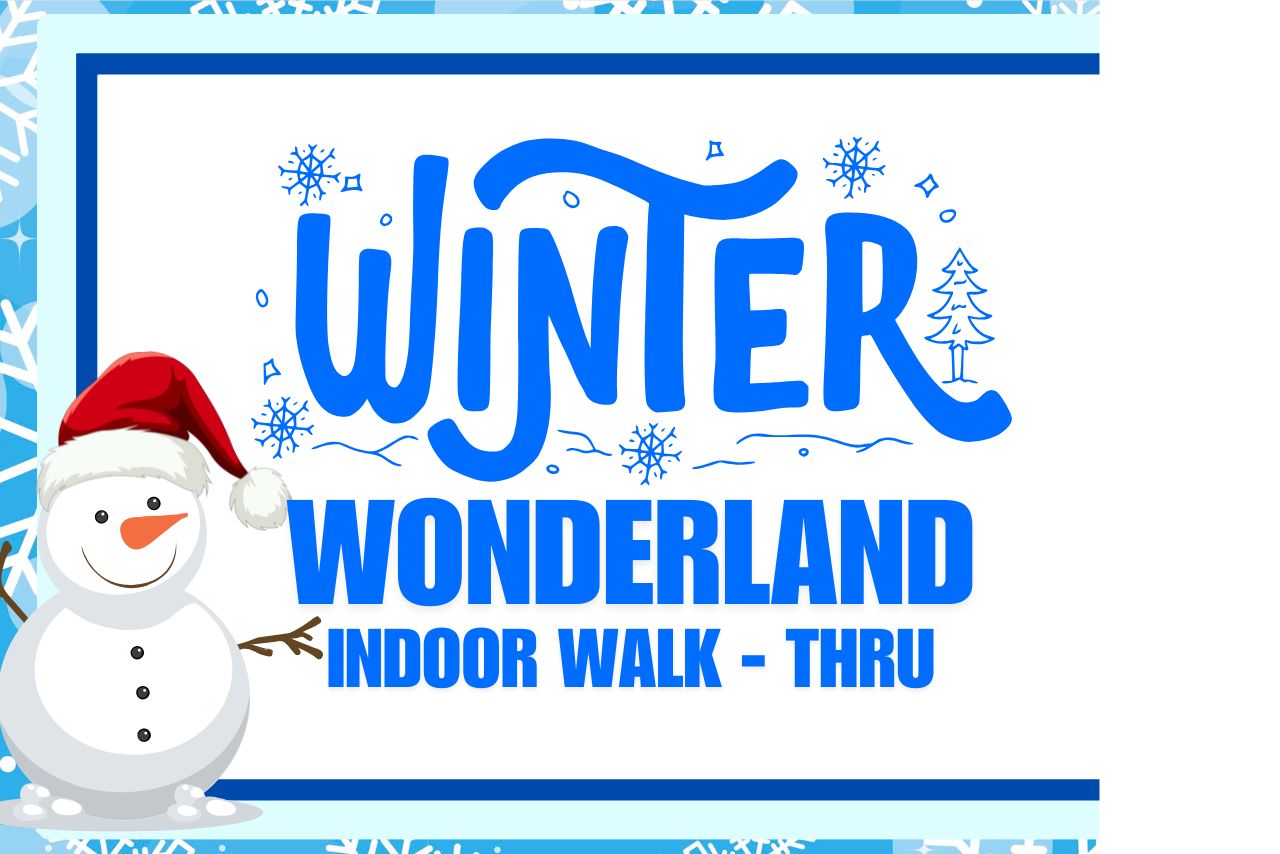 Winter Wonderland Walk-thru snowman in Santa hat.