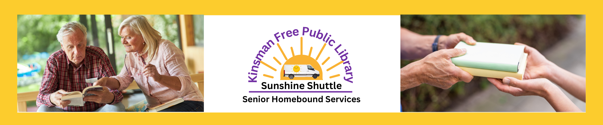 Sunshine Shuttle Logo & two senior citizens reading.