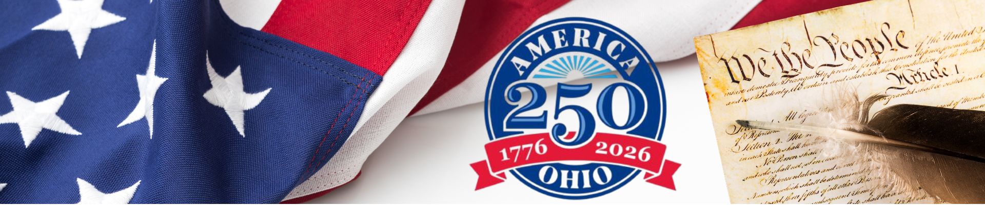America 250 in Ohio logo with American flag and declaration of independence