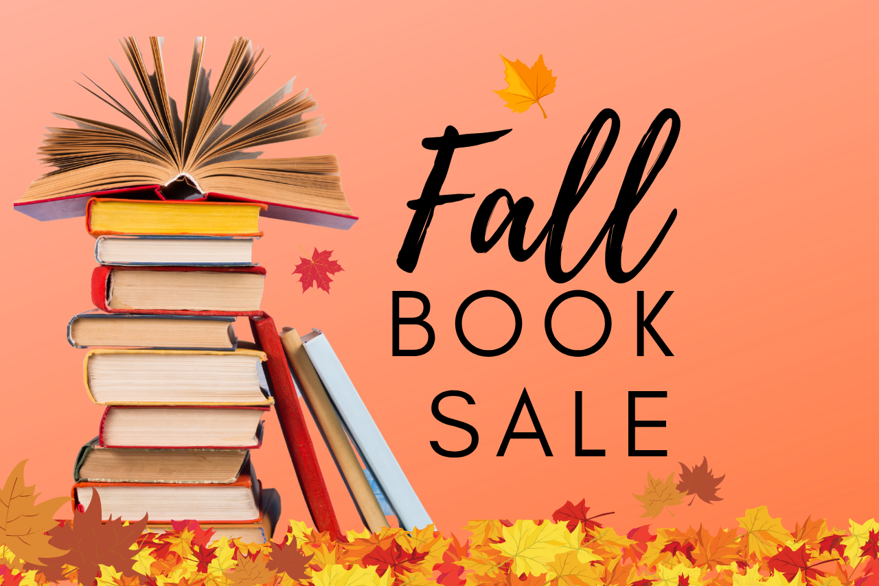 Fall Book Sale, stack of books, leaves falling.