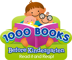 Cartoon drawing of a young child holding a book with the text "Read it and Reap"