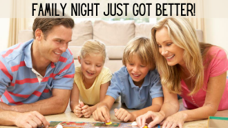 Picture of a family playing a game with text "Family Night Just Got Better"