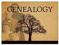 Text "Genealogy" picture of a tree with peple standing behind it