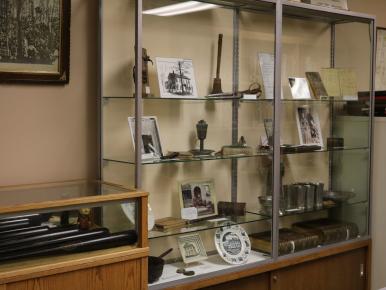 display case with historical artifacts