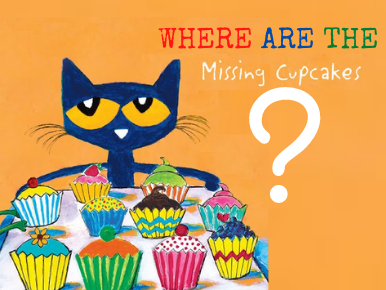 Pete the Cat holding a tray of cupcakes with text, "where are the missing cupcakes"