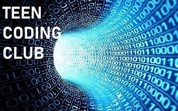 Binary numbers in a swirl with text "teen coding club"