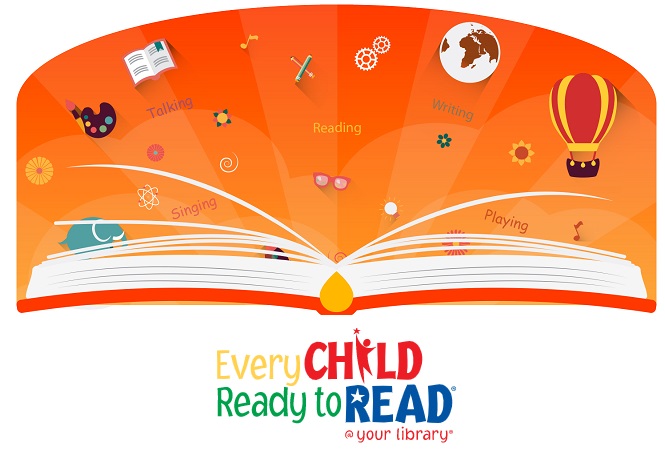 Every Child Ready to Read @ Your Library; Picture of an open book with little pictures and words related to literacy floating above it on an orange background