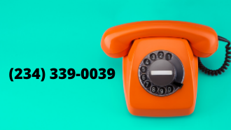 picture of an orange phone on a teal background with phone number listed (234) 339-0039