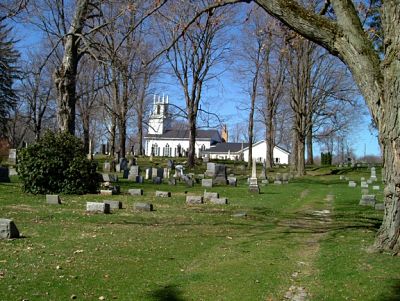 Picture of cemetary with tombstones and church in background