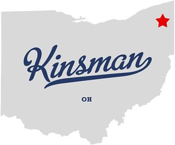 Map of Ohio with words "Kinsman, Ohio" written across it with a red star indicating where Kinsman is located in Ohio