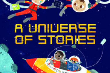 child astronauts floating in space holding books with text "A Universe of Stories"
