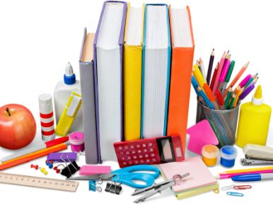 Picture of school supplies including books, glue, scissors, pencils, pens and more
