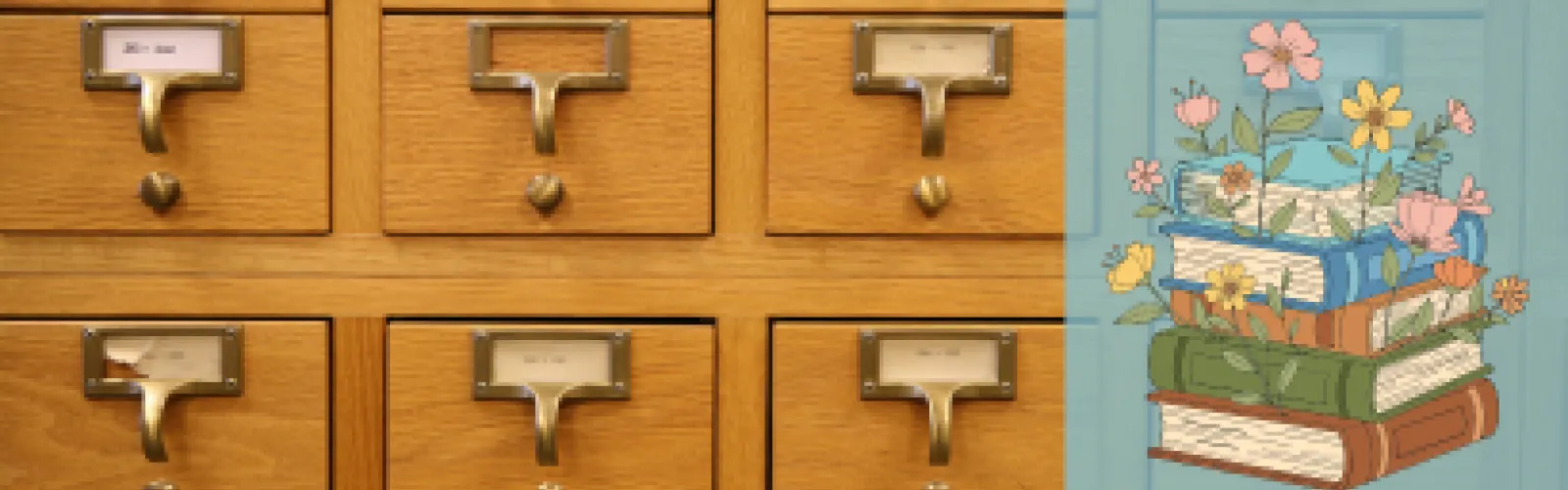 Card Catalog and pile of books with spring flowers.