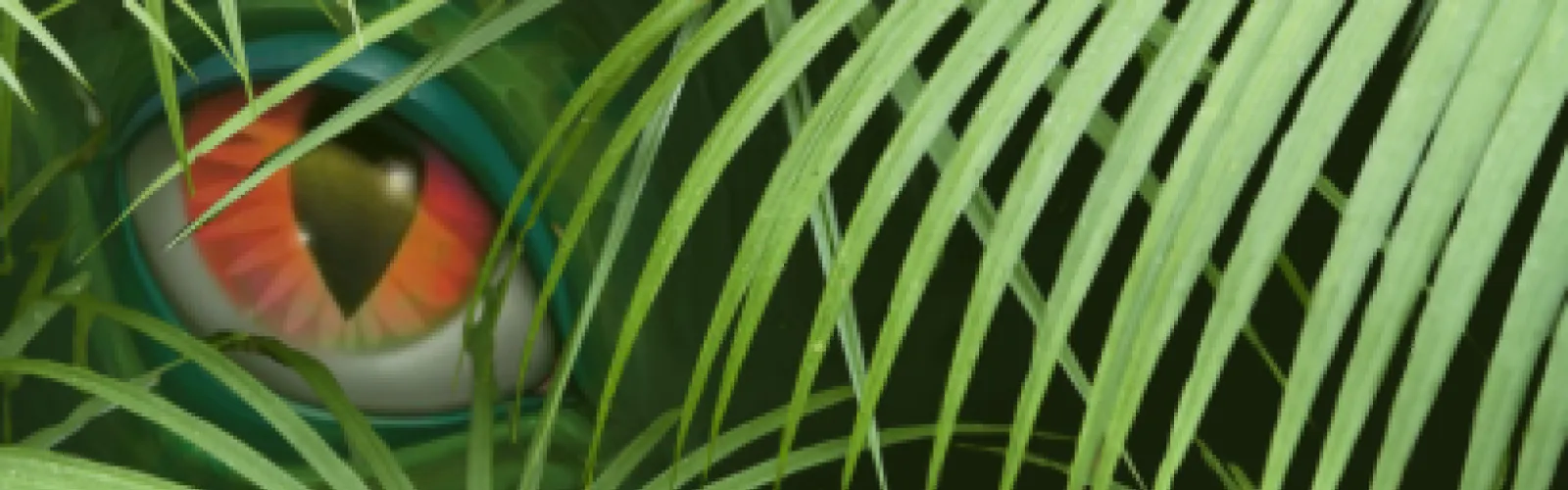Dinosaur eye peaking out through leaves.