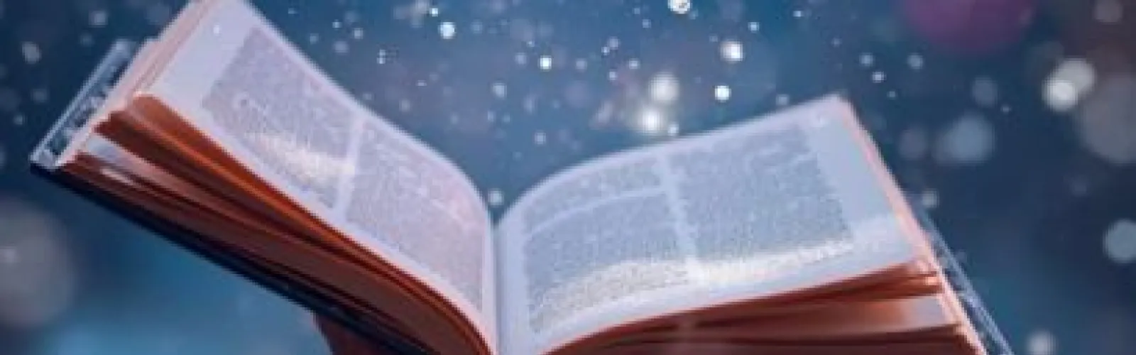 Open book with glittery snow background.